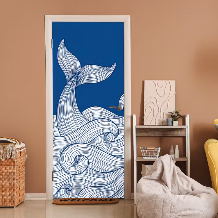 Walvis - Staart - Golven - Lijntekening - Blauw deurposter klein -sfeer1