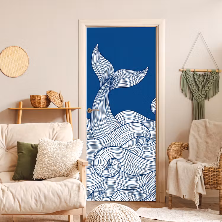 Walvis - Staart - Golven - Lijntekening - Blauw deurposter klein -sfeer2