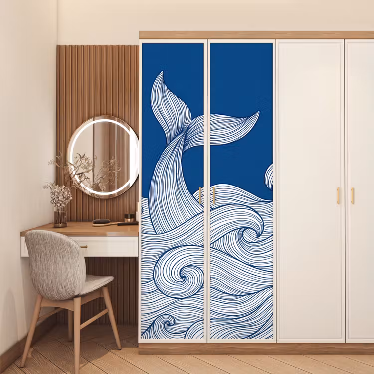 Walvis - Staart - Golven - Lijntekening - Blauw deurposter klein -sfeer3