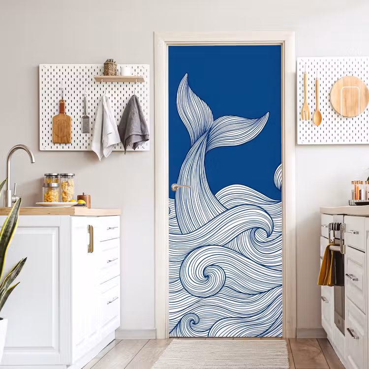 Walvis - Staart - Golven - Lijntekening - Blauw deurposter klein -sfeer5