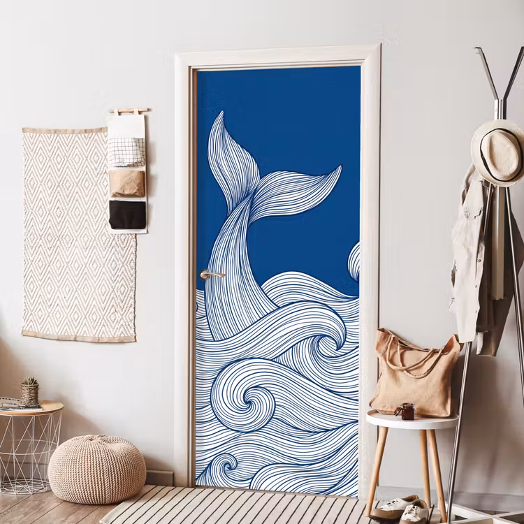 Walvis - Staart - Golven - Lijntekening - Blauw deurposter klein -sfeer6
