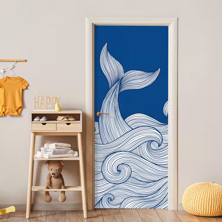Walvis - Staart - Golven - Lijntekening - Blauw deurposter klein -sfeer4