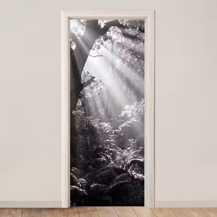 Bos - Lichtstralen - Natuur - Zwart-wit deurposter klein -3d_beige