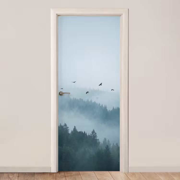 Bos - Mist - Vogels - Natuur - Groen deurposter klein -3d_beige