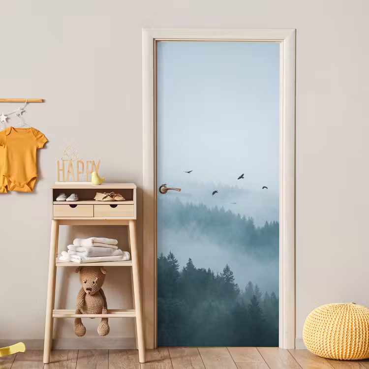 Bos - Mist - Vogels - Natuur - Groen deurposter klein -sfeer4