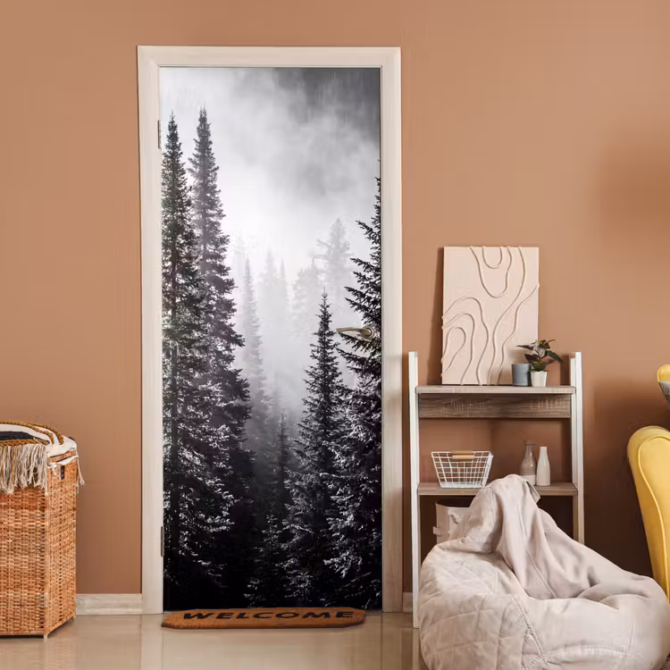 Bos - Mist - Winter - Monochroom - Natuur deurposter klein -sfeer1