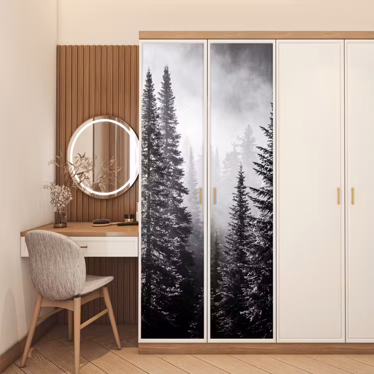 Bos - Mist - Winter - Monochroom - Natuur deurposter klein -sfeer3