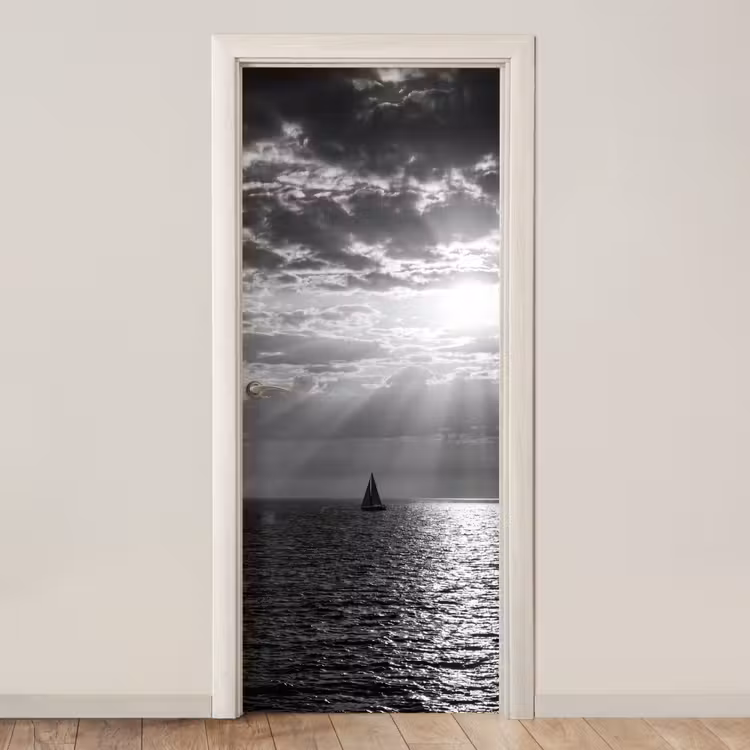 Water - Boot - Lucht - Natuur - Zwart-wit deurposter klein -3d_beige