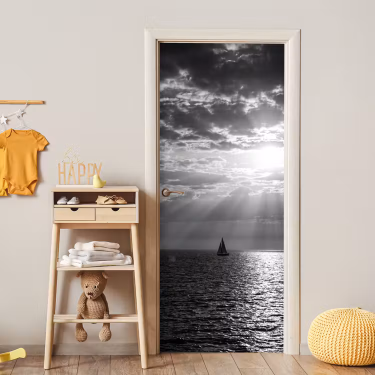 Water - Boot - Lucht - Natuur - Zwart-wit deurposter klein -sfeer4
