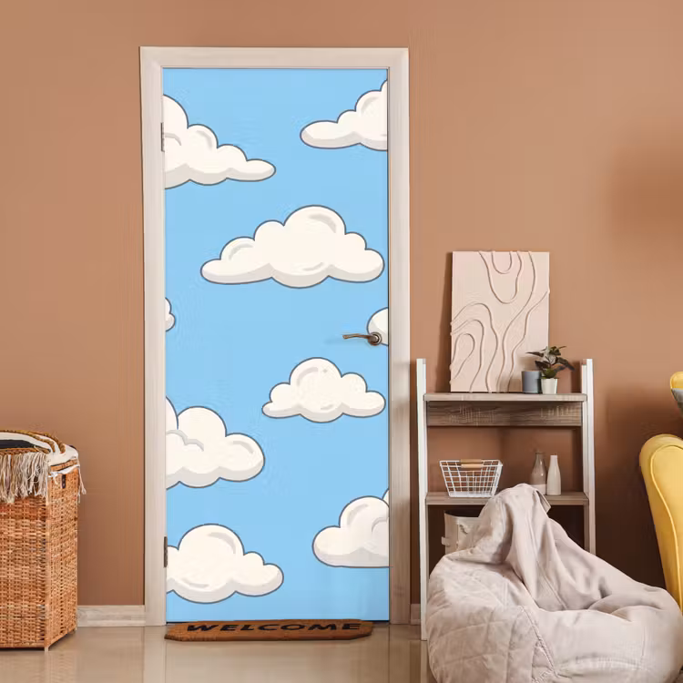 Wolk - Cartoon - Lucht - Blauw - Wit deurposter klein -sfeer1