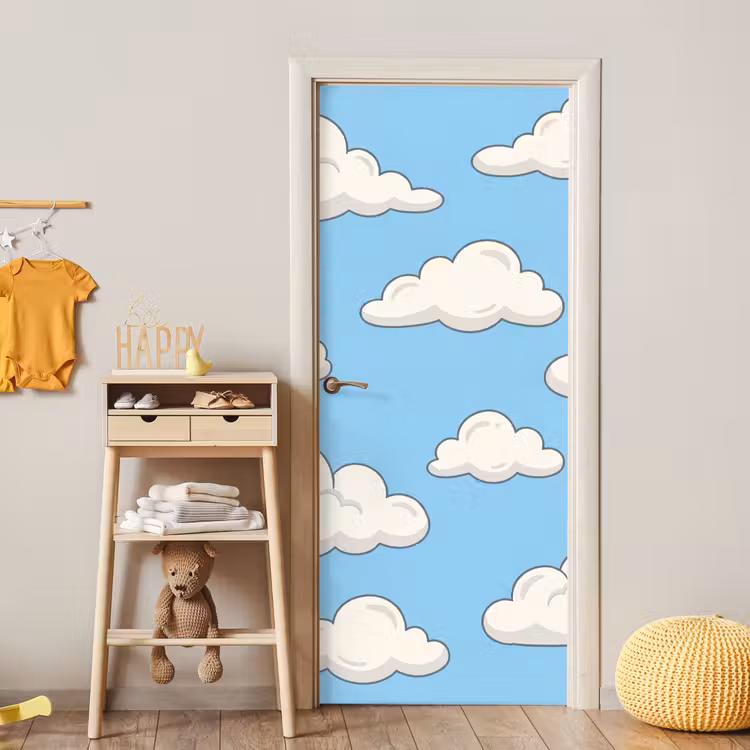Wolk - Cartoon - Lucht - Blauw - Wit deurposter klein -sfeer4