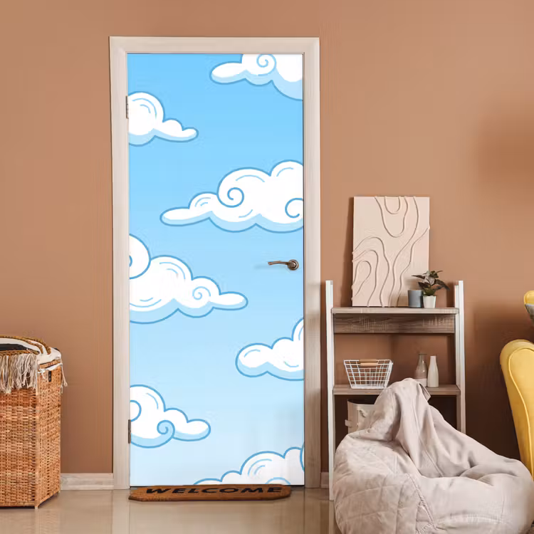 Wolk - Lucht - Cartoon - Blauw - Wit deurposter klein -sfeer1