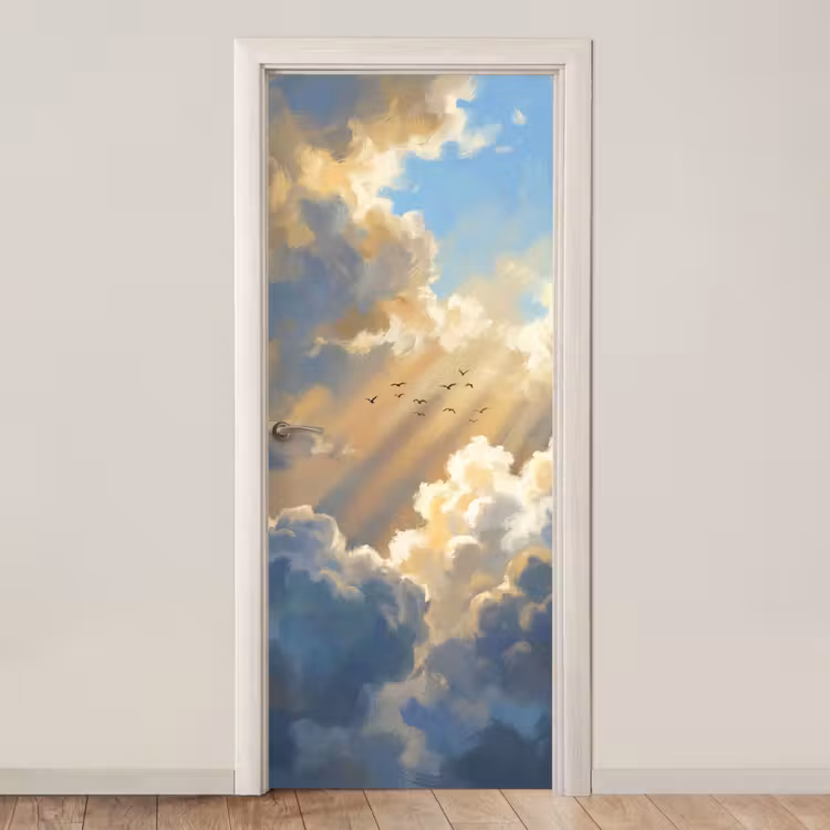 Wolken - Zonnestralen - Natuur - Abstract - Blauw deurposter klein -3d_beige
