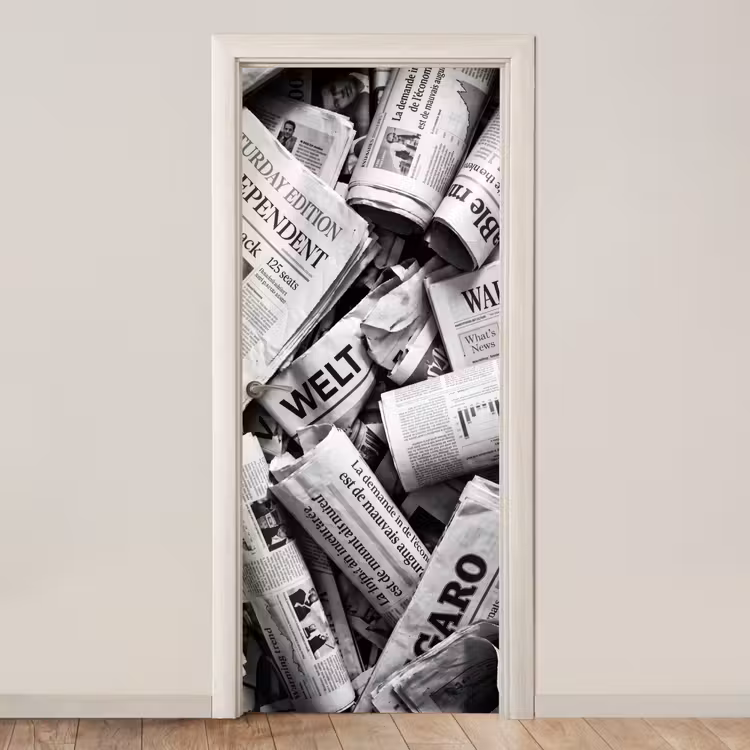Krant - Stapel - Nieuws - Zwart-wit deurposter klein -3d_beige