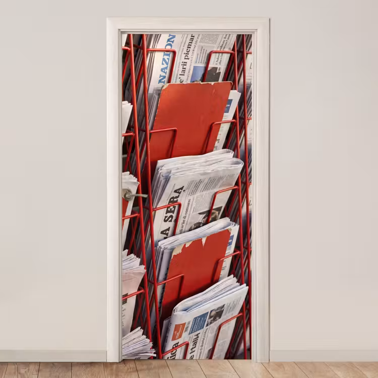 Kranten - Rek - Stedelijk - Dagelijks leven - Rood deurposter klein -3d_beige