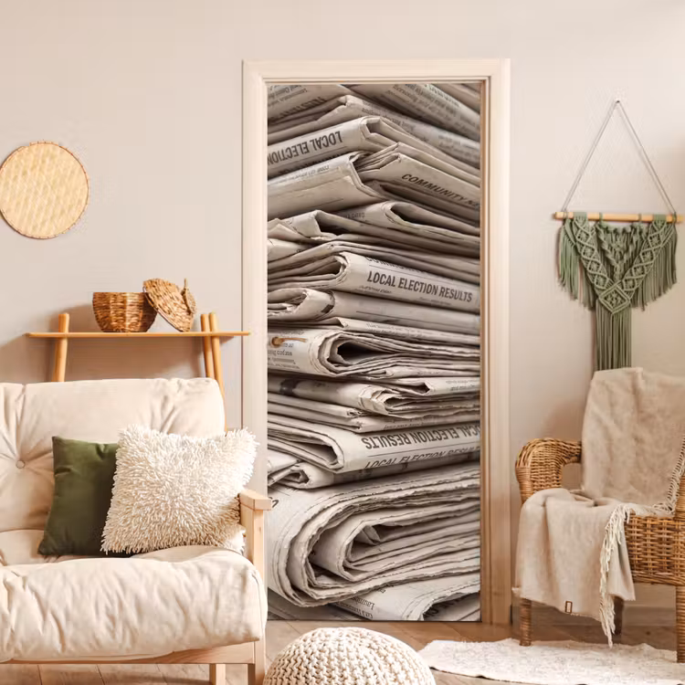 Kranten - Stapel - Nieuws - Vintage - Beige deurposter klein -sfeer2