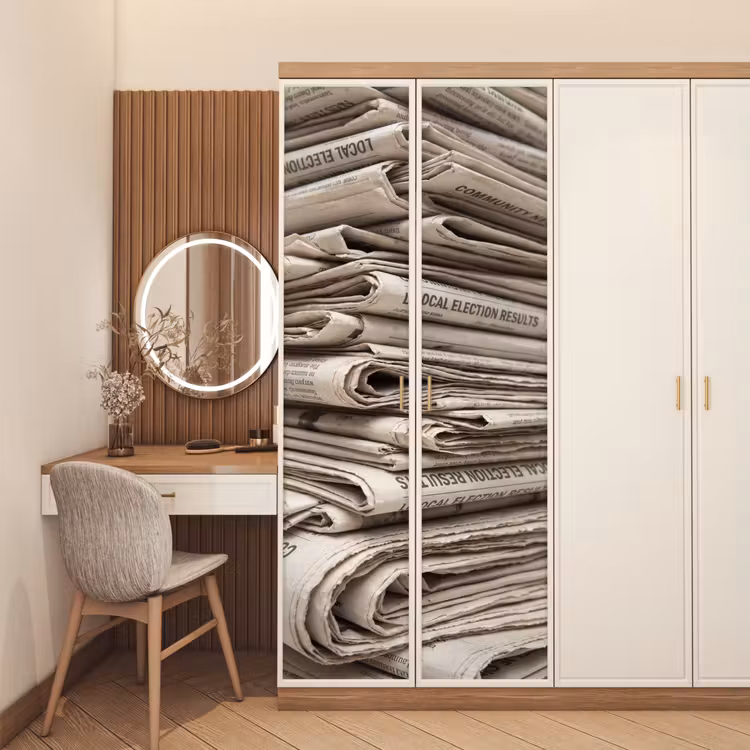 Kranten - Stapel - Nieuws - Vintage - Beige deurposter klein -sfeer3