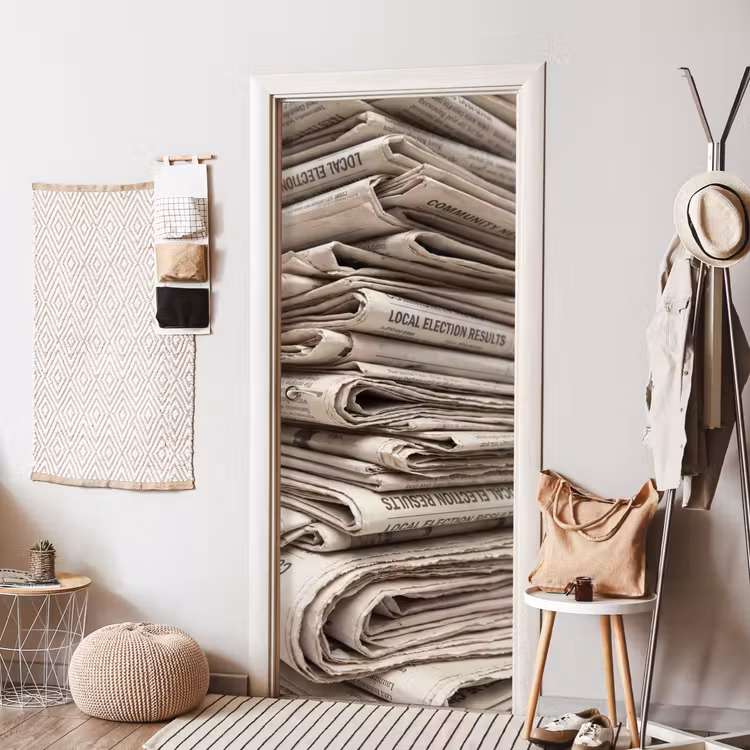 Kranten - Stapel - Nieuws - Vintage - Beige deurposter klein -sfeer6