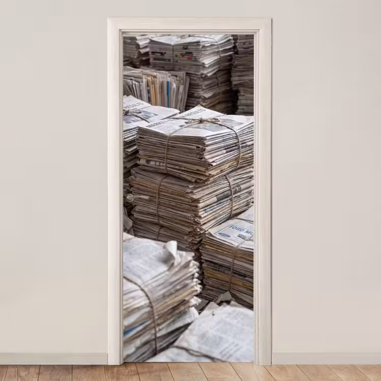 Kranten - Stapels - Touw - Informatie - Vintage deurposter klein -3d_beige