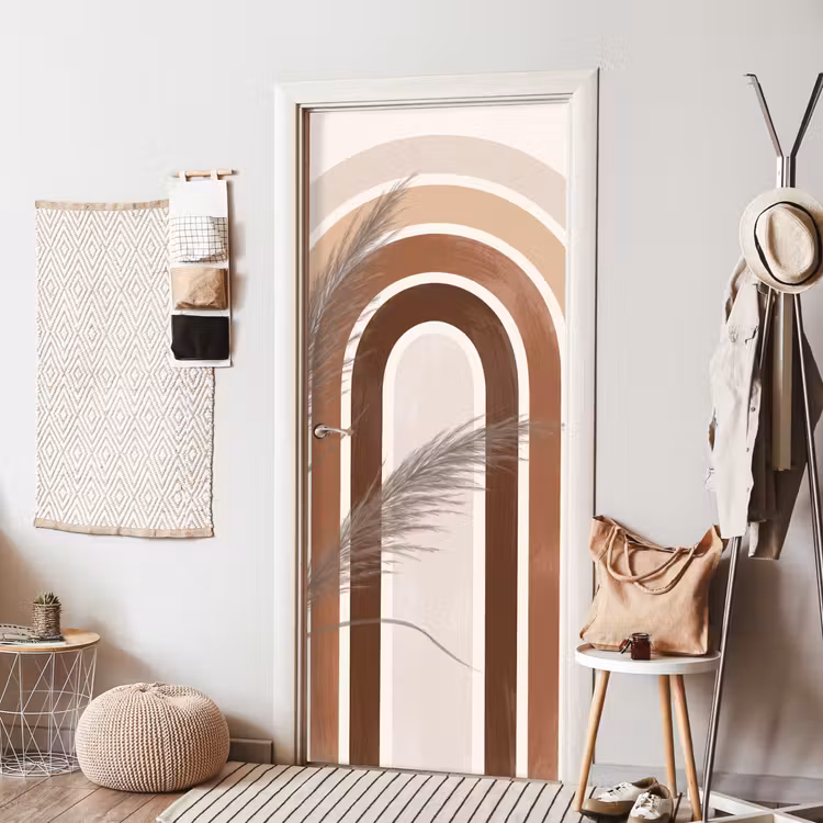Abstract - Bogen - Plant - Boho - Beige deurposter klein -sfeer6