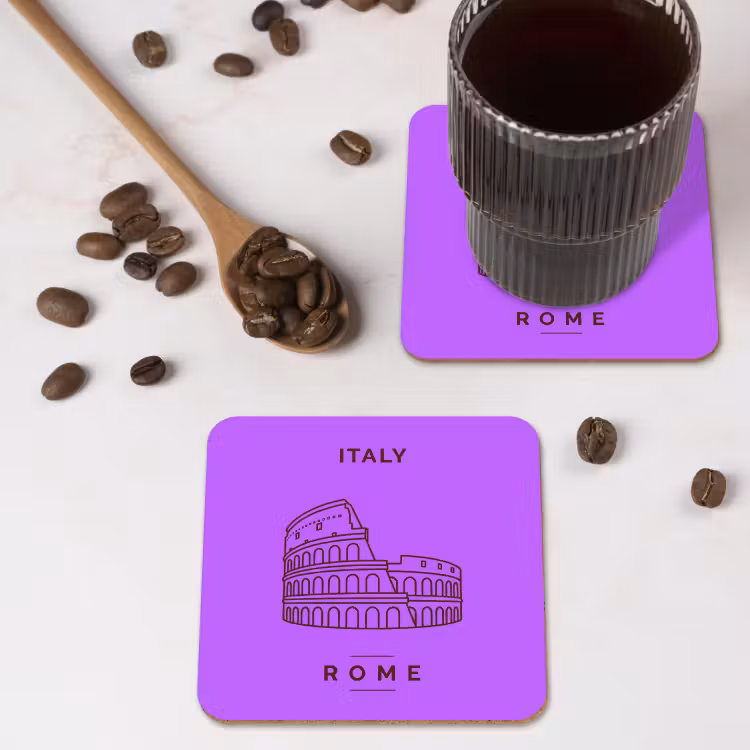 Architectuur - Colosseum - Rome - Minimalistisch - Paars onderzetter kurk middel -sfeer2