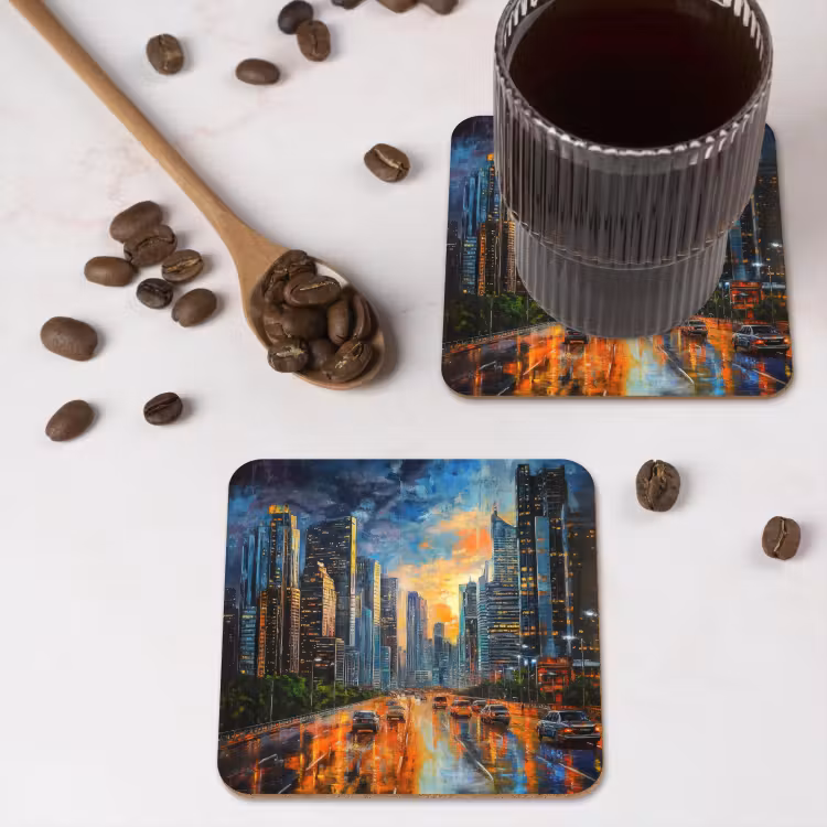 Auto - Skyline - Zon - Blauw onderzetter kurk middel -sfeer2