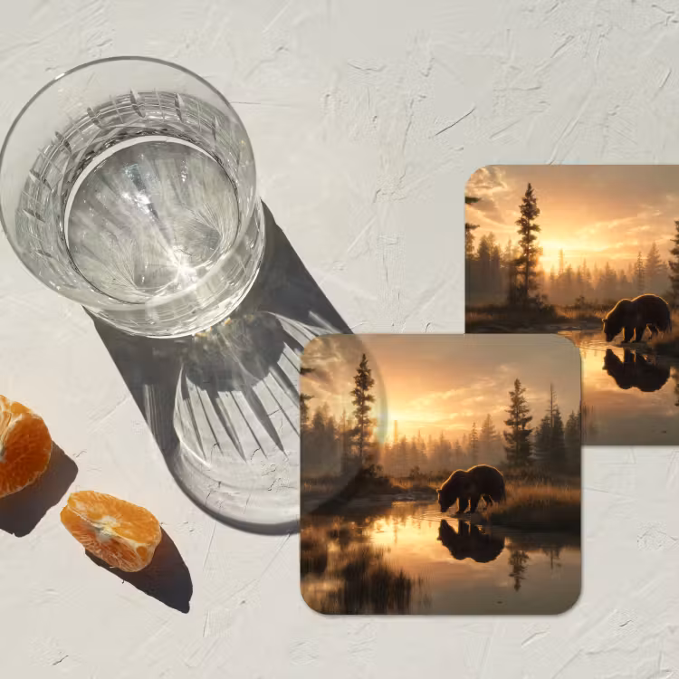 Beer - water - Bos - Ochtendlicht onderzetter kurk middel -sfeer4