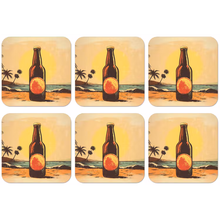 Bierfles - Zonsondergang - Palmbomen - Zee onderzetter kurk middel -zkaufland3dotto