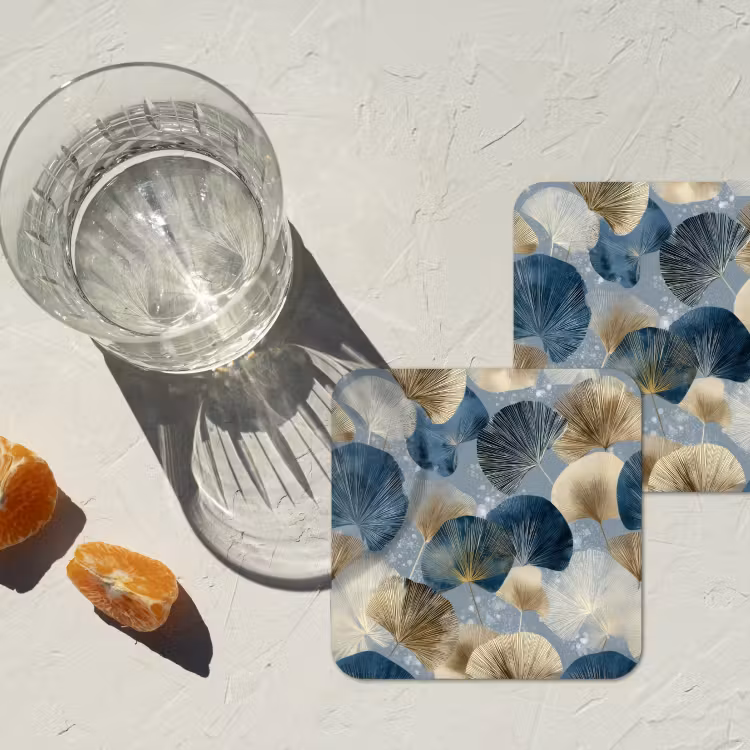 Bladeren - Abstract - Goud - Blauw onderzetter kurk middel -sfeer4