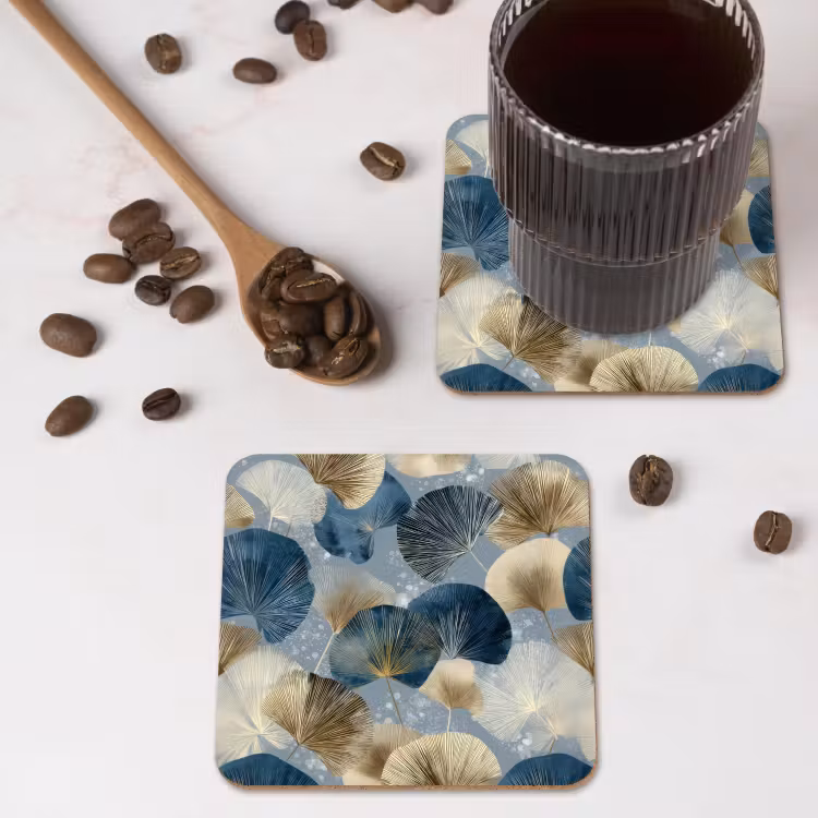 Bladeren - Abstract - Goud - Blauw onderzetter kurk middel -sfeer2