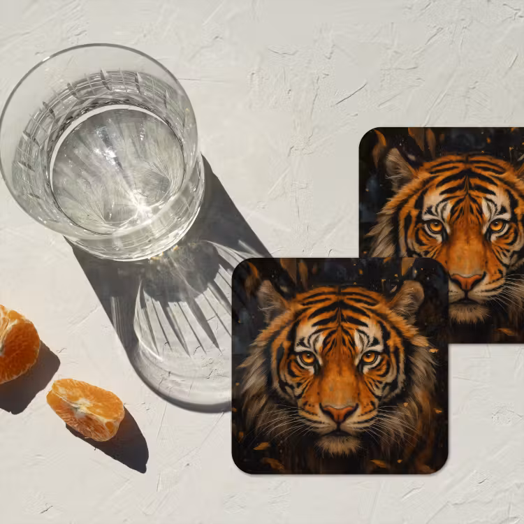 Bladeren - Tijger - Oranje onderzetter kurk middel -sfeer4