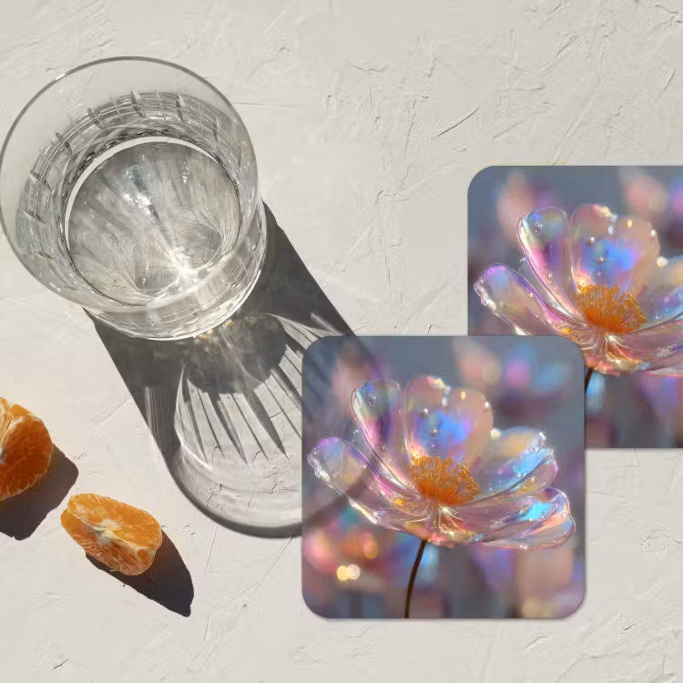 Bloem - Transparant - Pastelkleuren - Druppels onderzetter kurk middel -sfeer4