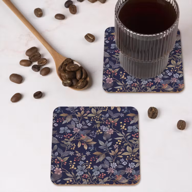 Bloemen - Bladeren - Patroon - Botanisch - Donkerblauw onderzetter kurk middel -sfeer2