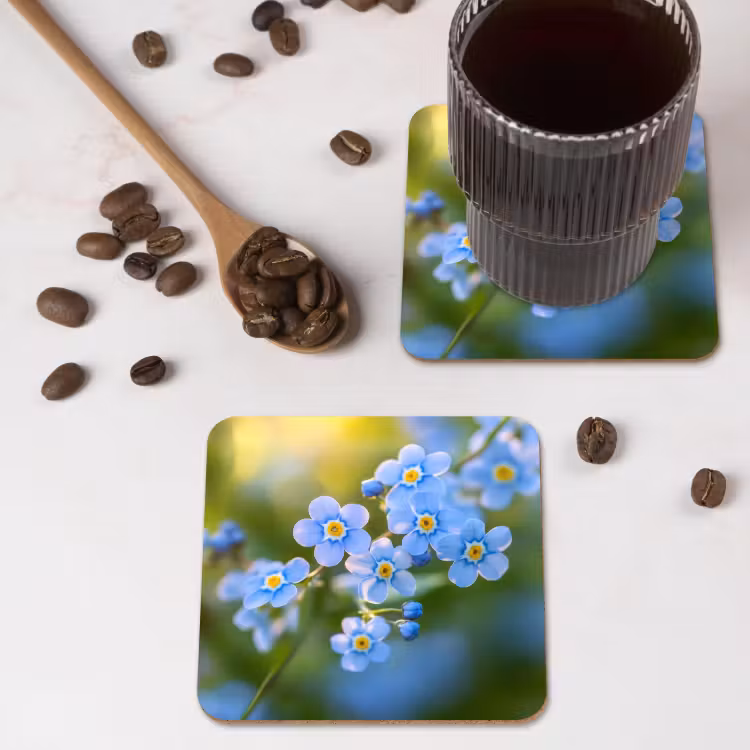Bloemetjes - Blauw - Vergeet mij nietjes onderzetter kurk middel -sfeer2