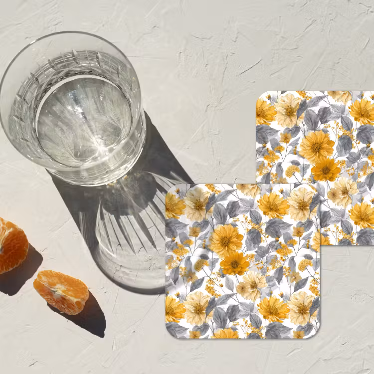Bloemen - Botanisch - Elegant - Okergeel - Grijs onderzetter kurk middel 366 -sfeer4