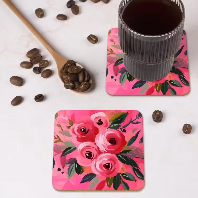 Bloemen - Verf - Roze onderzetter kurk middel -sfeer2