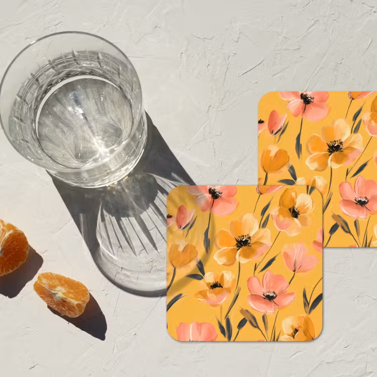 Bloemen - Geschilderd - Geel onderzetter kurk middel -sfeer4