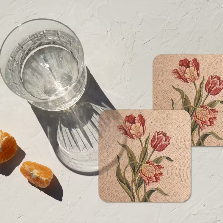 Bloemen - Mozaïek - Rood - Groen - Kunst onderzetter kurk middel -sfeer4
