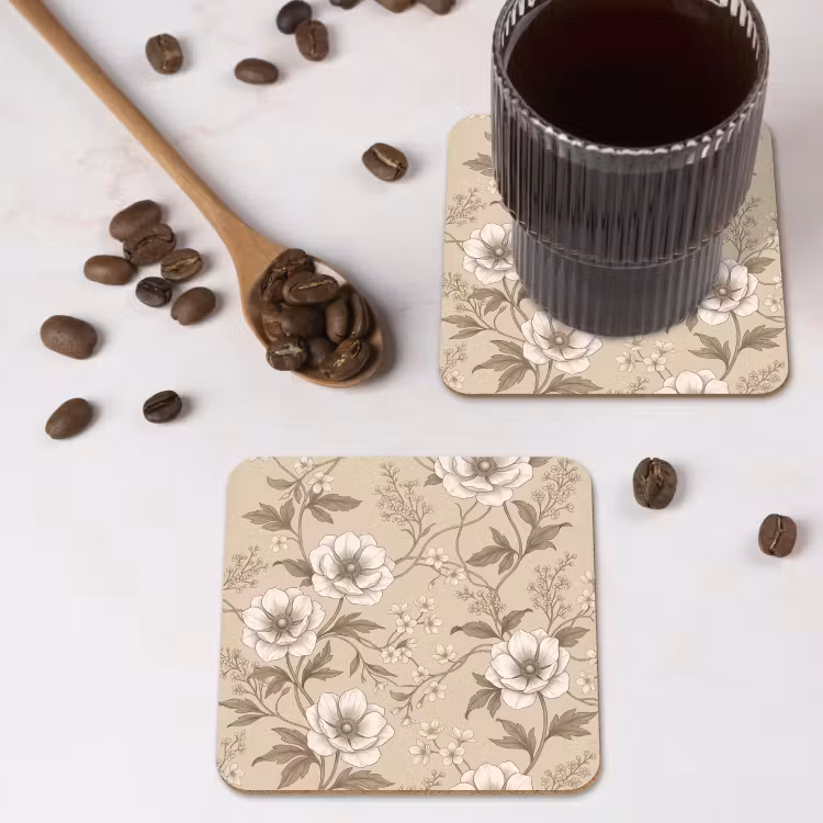 Bloemen - Patroon - Beige onderzetter kurk middel -sfeer2