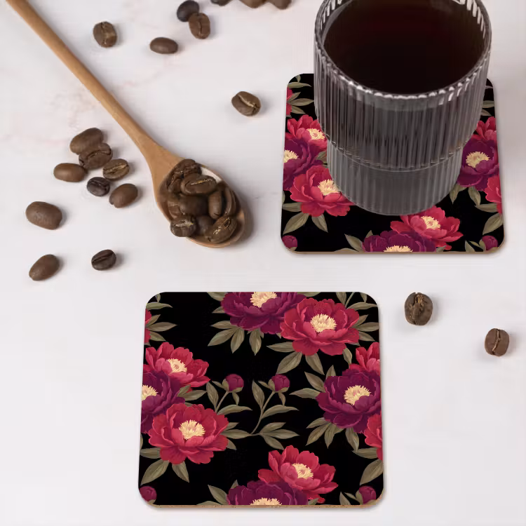 Bloemen - Patroon - Botanisch - Rood - Zwart onderzetter kurk middel -sfeer2