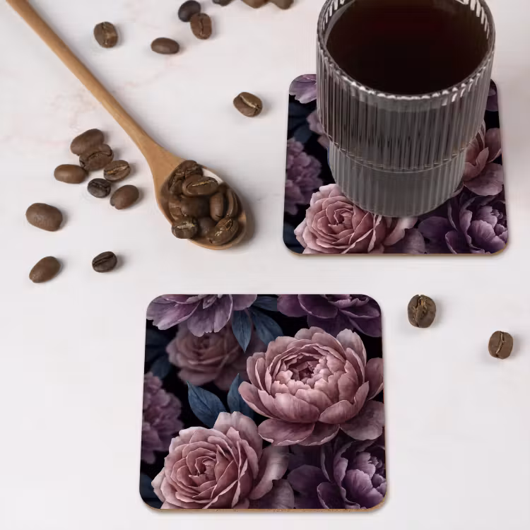 Bloemen - Patroon - Donker - Botanisch - Paars onderzetter kurk middel -sfeer2