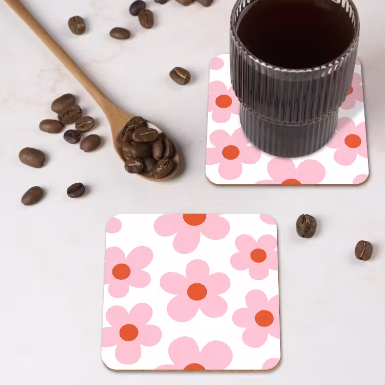 Bloemen - Patroon - Modern - Roze - Wit onderzetter kurk middel -sfeer2