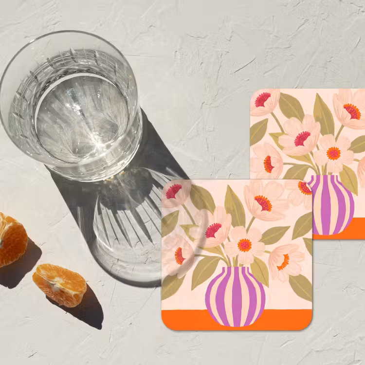Bloemen - Vaas - Abstract - Paars - Oranje onderzetter kurk middel -sfeer4