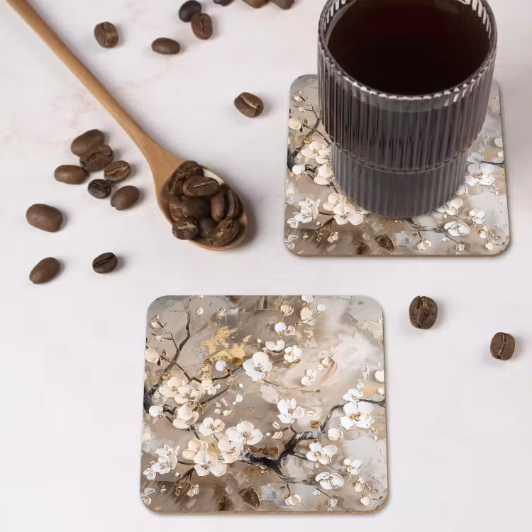 Bloemen - Wit - Goud - Beige - Luxe onderzetter kurk middel -sfeer2
