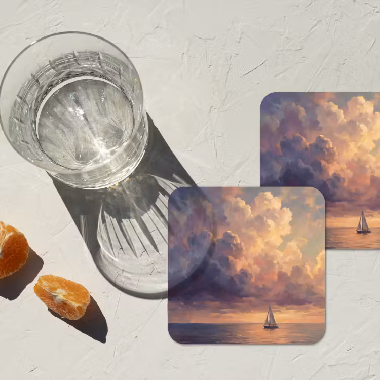 Boot - Zonsondergang - Zee - Natuur - Goud onderzetter kurk middel -sfeer4