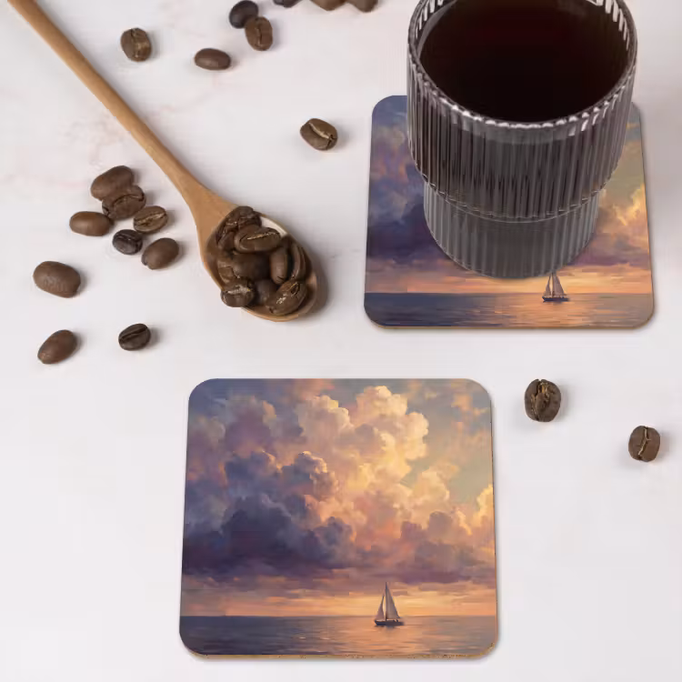 Boot - Zonsondergang - Zee - Natuur - Goud onderzetter kurk middel -sfeer2