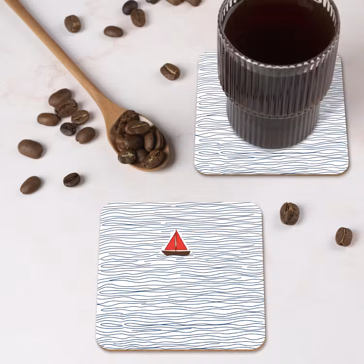Boot - Water - Rood - Illustratie - Minimalistisch onderzetter kurk middel -sfeer2