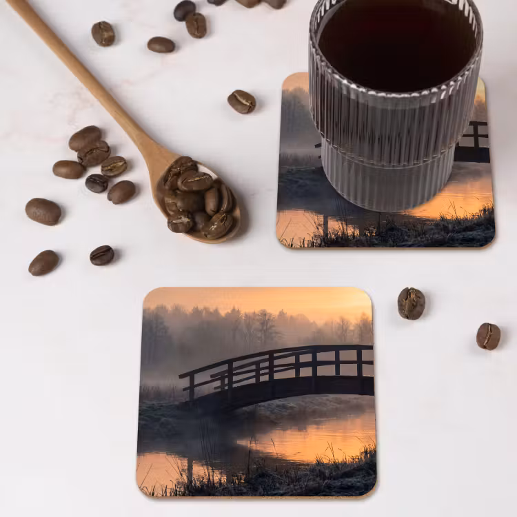 Brug - Mist - Bomen - Water onderzetter kurk middel -sfeer2