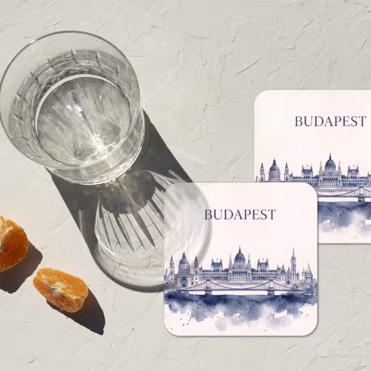 Boedapest - Skyline - Architectuur - Aquarel - Blauw onderzetter kurk middel -sfeer4