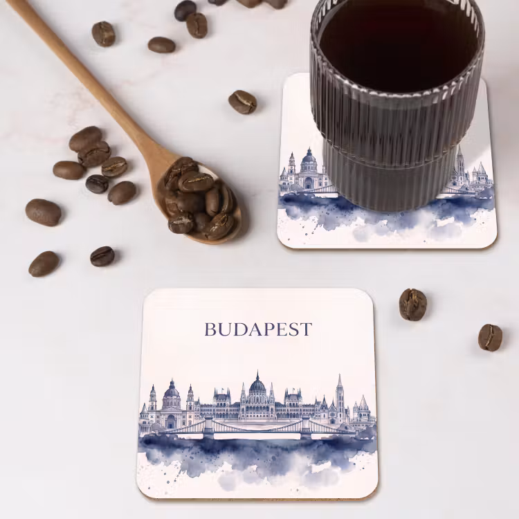 Boedapest - Skyline - Architectuur - Aquarel - Blauw onderzetter kurk middel -sfeer2